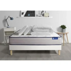 ACTISOMPack prêt a dormir matelas Latex et Memoire de forme ACTILATEX FORM et sommier KIT blanc 2 oreillers et couette