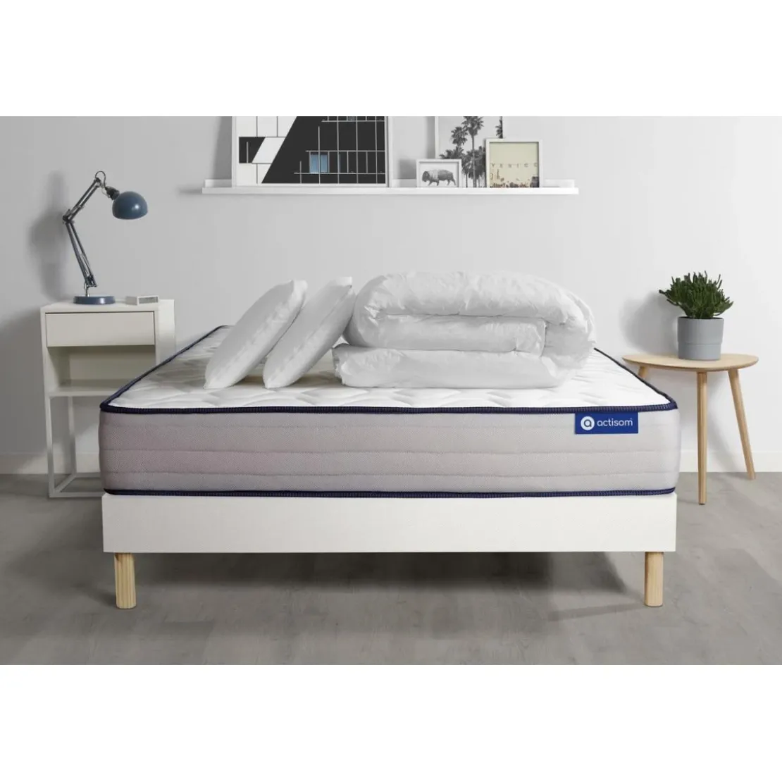 ACTISOMPack prêt a dormir matelas Latex et Memoire de forme ACTILATEX FORM et sommier KIT blanc 2 oreillers et couette
