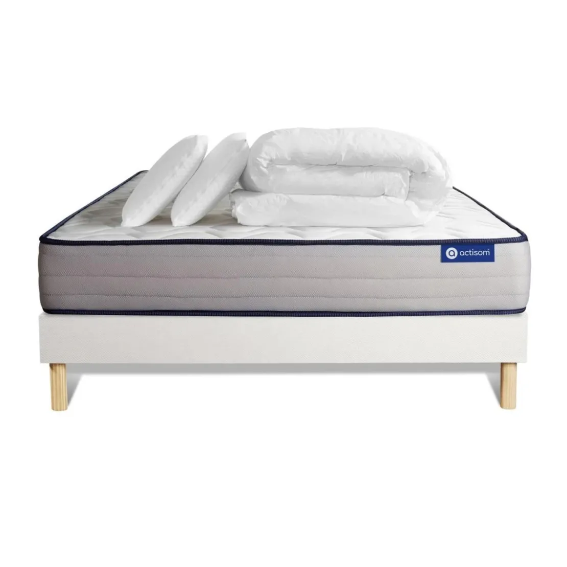 ACTISOMPack prêt a dormir matelas Latex et Memoire de forme ACTILATEX FORM et sommier KIT blanc 2 oreillers et couette