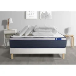 ACTISOMPack prêt a dormir matelas Latex Mémoire de forme ACTILATEX MAX sommier KIT blanc 2 oreillers et couette