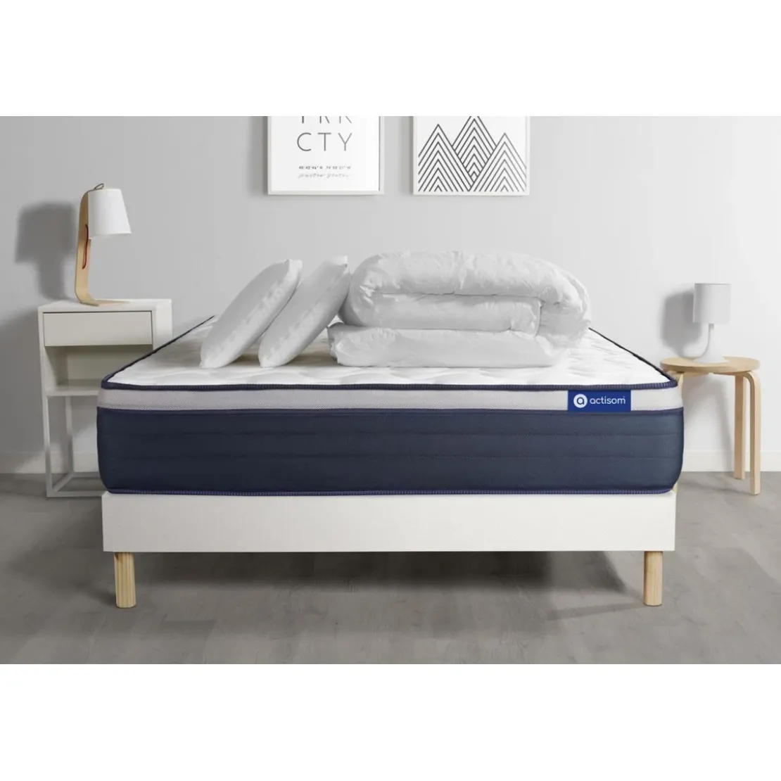 ACTISOMPack prêt a dormir matelas Latex Mémoire de forme ACTILATEX MAX sommier KIT blanc 2 oreillers et couette