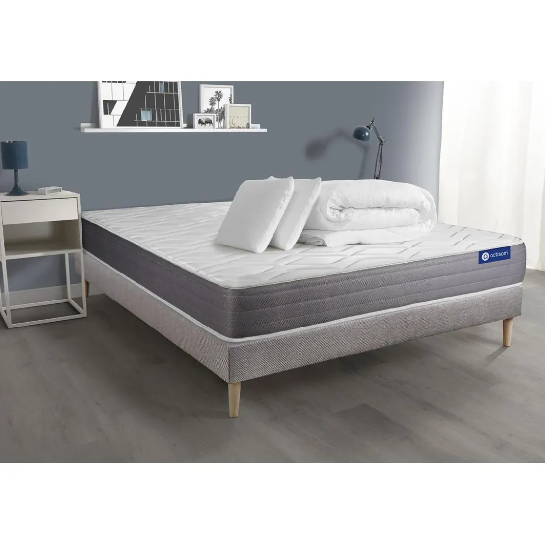 ACTISOMPack prêt a dormir matelas ACTIFLEX DREAM Ressorts ensaches memoire de forme sommier KIT gris2oreillers et couette