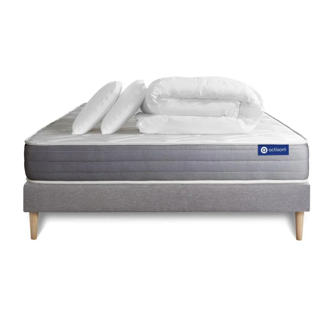 ACTISOMPack prêt a dormir matelas ACTIFLEX DREAM Ressorts ensaches memoire de forme sommier KIT gris2oreillers et couette