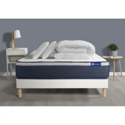 ACTISOMPack prêt a dormir matelas Ressorts ensaches Memoire de forme sommier KIT blanc 2oreillers couette