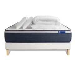 ACTISOMPack prêt a dormir matelas Ressorts ensaches Memoire de forme sommier KIT blanc 2oreillers couette