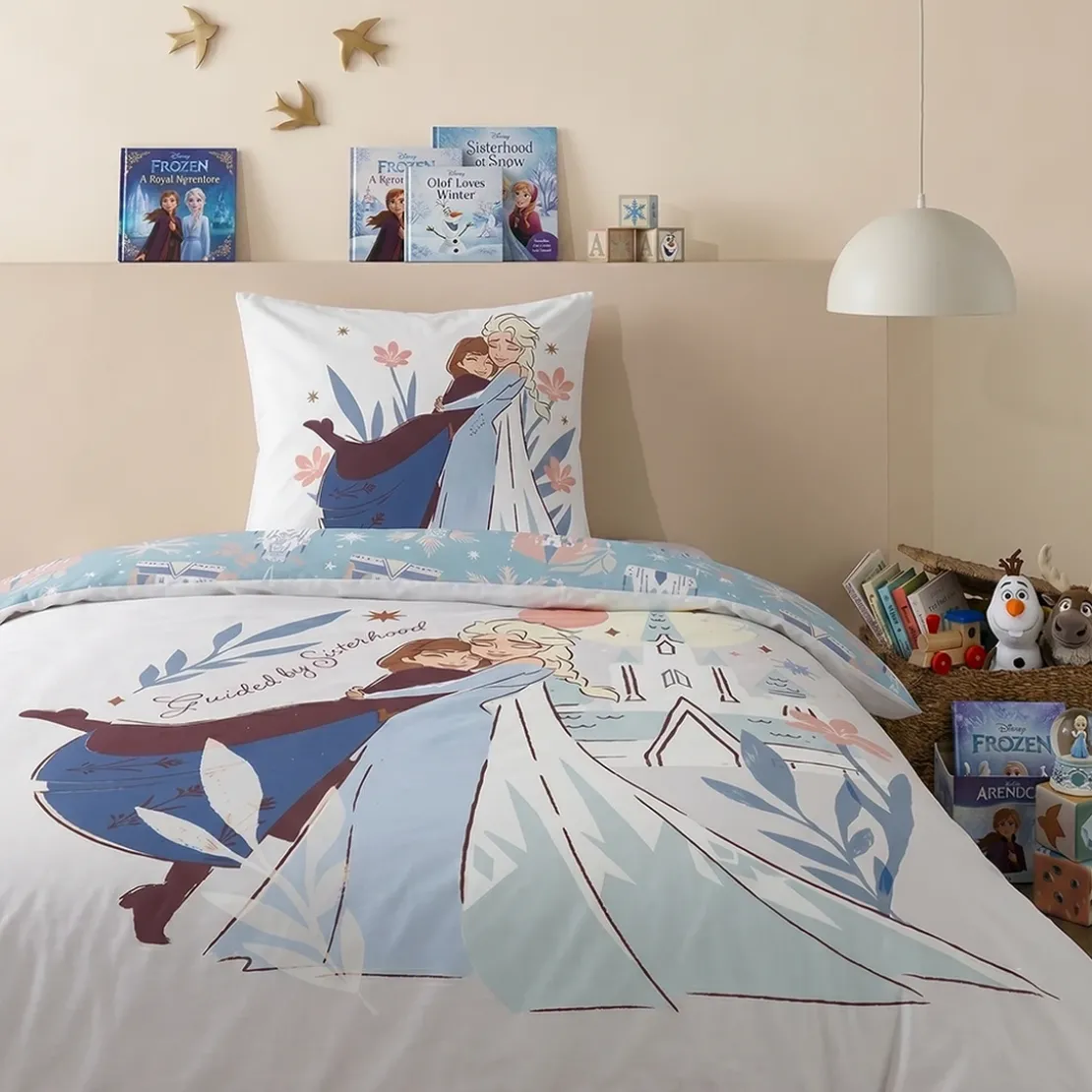 AymaxParure housse de couette fille réversible écru à motif placé FROZEN en coton 140x200 cm + 1 taie