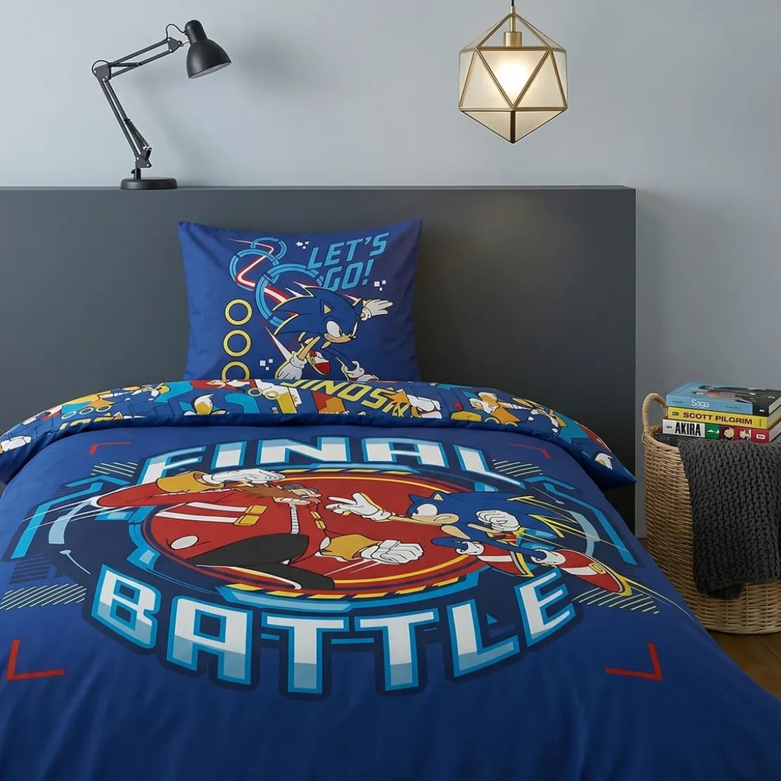 AymaxParure housse de couette garçon SONIC bleu réversible en coton 140x200 cm + 1 taie