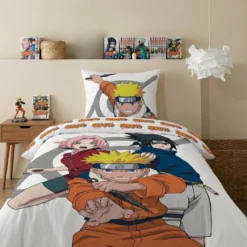 AymaxParure housse de couette garçon NARUTO blanc réversible en polycoton 140x200 + taie