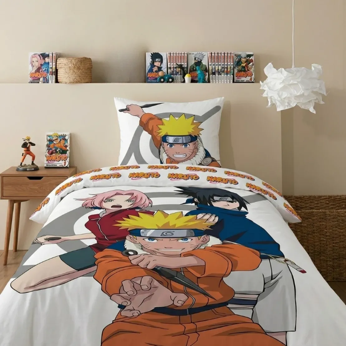 AymaxParure housse de couette garçon NARUTO blanc réversible en polycoton 140x200 + taie