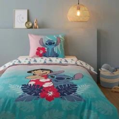 AymaxParure housse de couette enfant mixte STITCH turquoise réversible en polycoton 140x200 cm + 1 taie