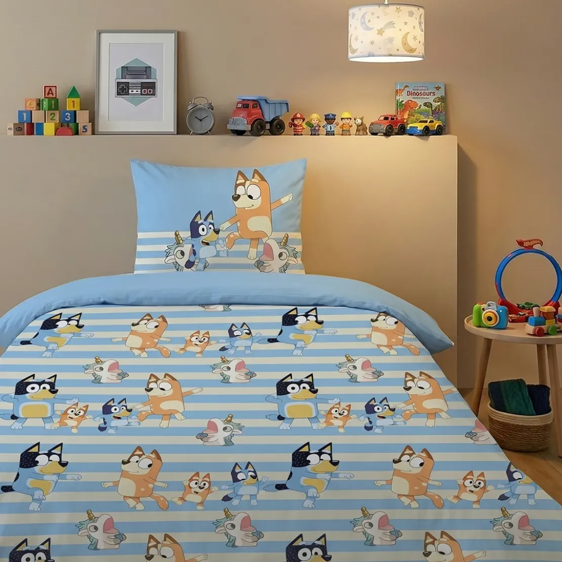 AymaxParure housse de couette enfant mixte BLUEY bleu rayure réversible en coton 140x200 cm + 1 taie