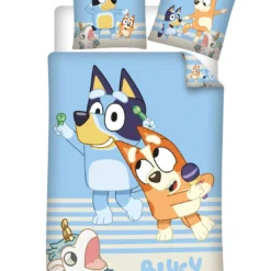 AymaxParure housse de couette enfant mixte BLUEY bleu rayure réversible en coton 140x200 cm + 1 taie