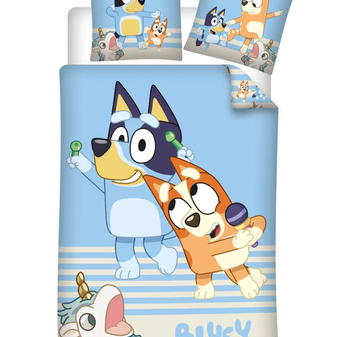 AymaxParure housse de couette enfant mixte BLUEY bleu rayure réversible en coton 140x200 cm + 1 taie