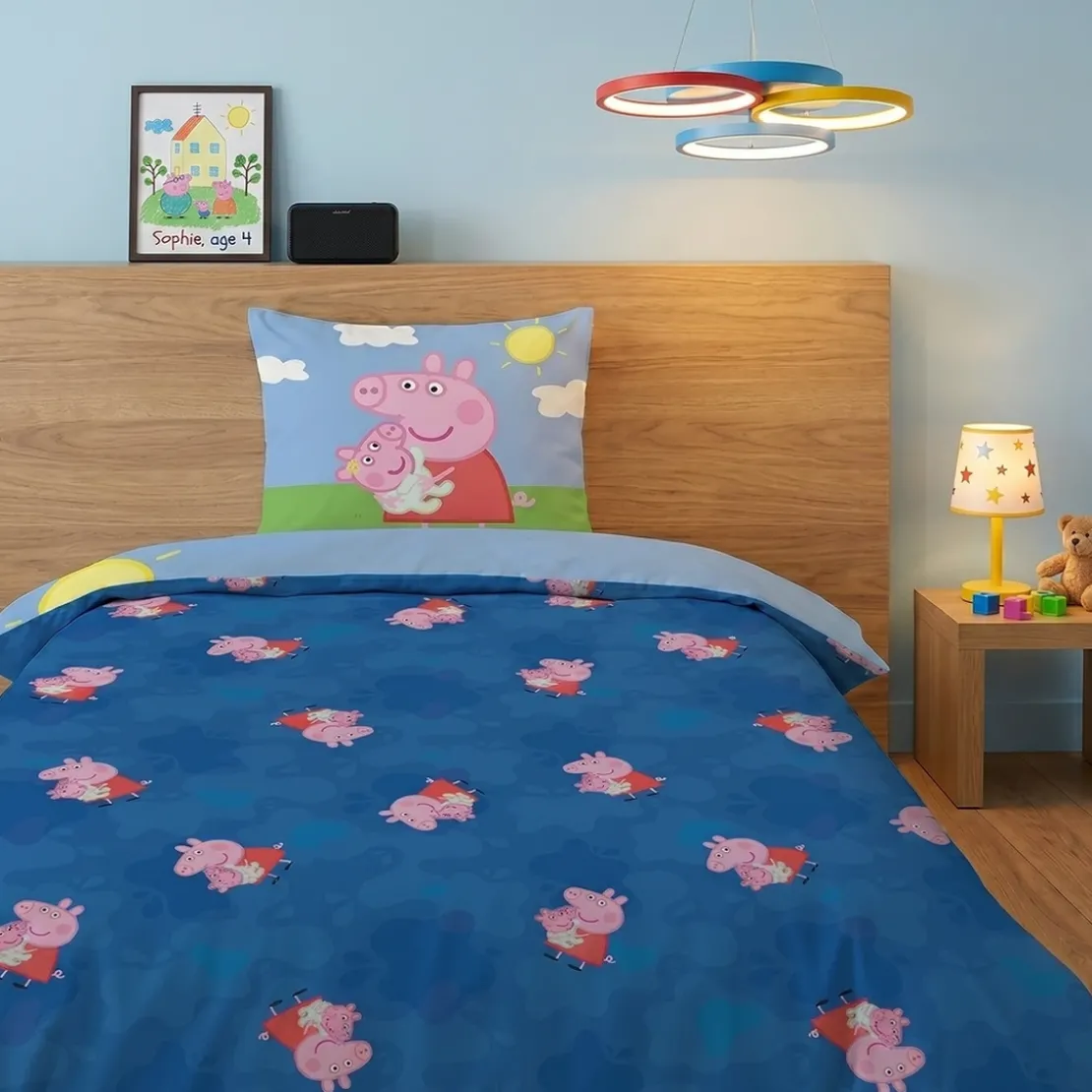 AymaxParure housse de couette enfant mixte PEPPA PIG bleu ciel réversible en polycoton 140x200 cm + 1 taie