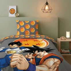 AymaxParure housse de couette garçon DRAGON BALL Z gris réversible en polycoton 140x200 cm + 1 taie