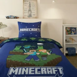 AymaxParure housse de couette garçon MINECRAFT bleu réversible en polycoton 140x200 cm + 1 taie
