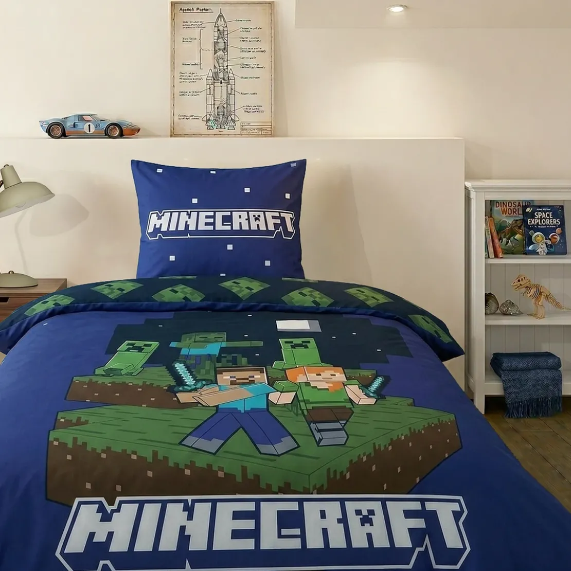 AymaxParure housse de couette garçon MINECRAFT bleu réversible en polycoton 140x200 cm + 1 taie