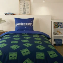 AymaxParure housse de couette garçon MINECRAFT bleu réversible en polycoton 140x200 cm + 1 taie