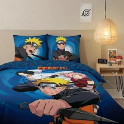 AymaxParure housse de couette garçon NARUTO bleu réversible en coton 140x200 cm + taie