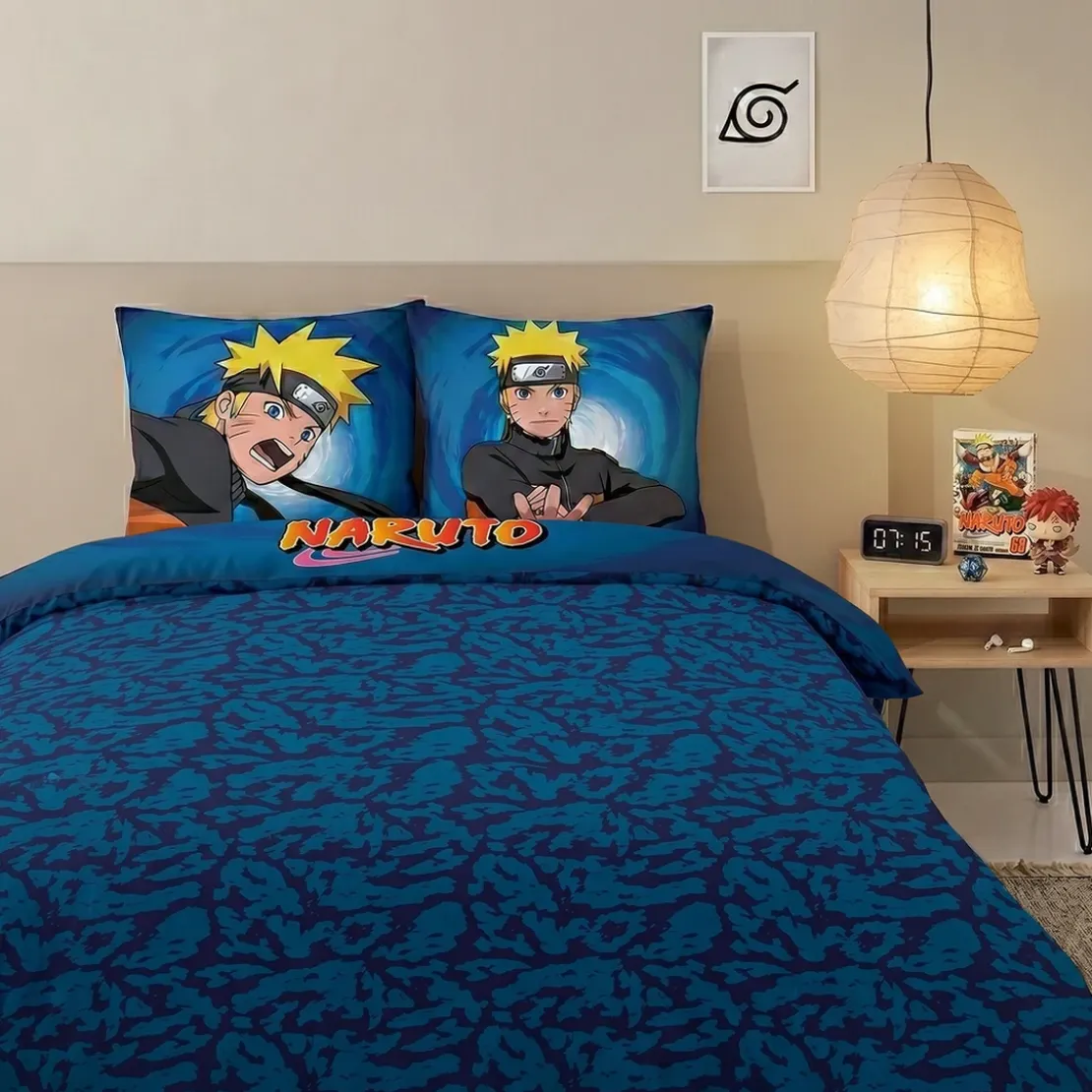 AymaxParure housse de couette garçon NARUTO bleu réversible en coton 140x200 cm + taie