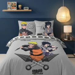 AymaxParure housse de couette garçon NARUTO gris réversible en coton 140x200 cm + taie