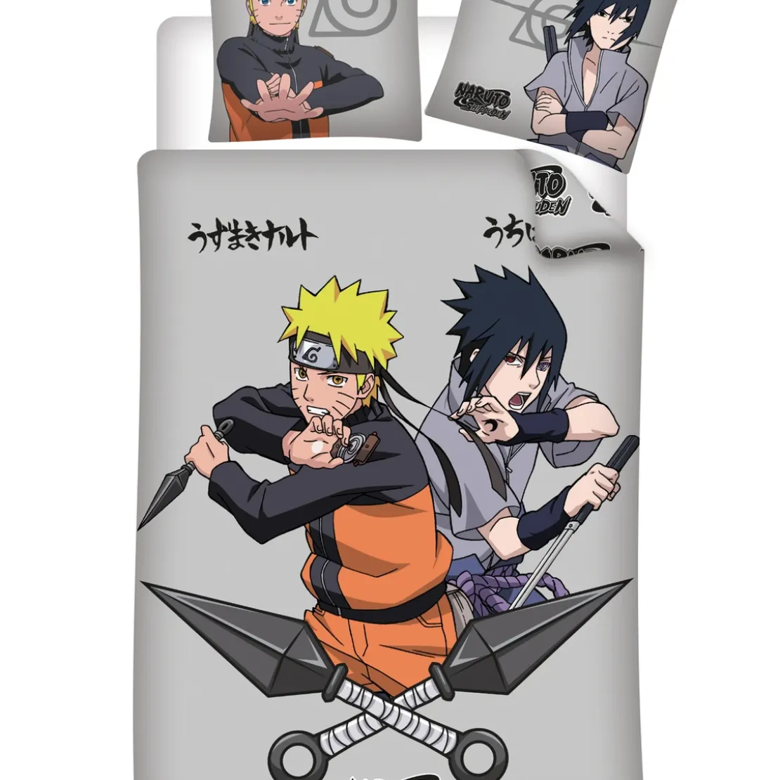 AymaxParure housse de couette garçon NARUTO gris réversible en coton 140x200 cm + taie