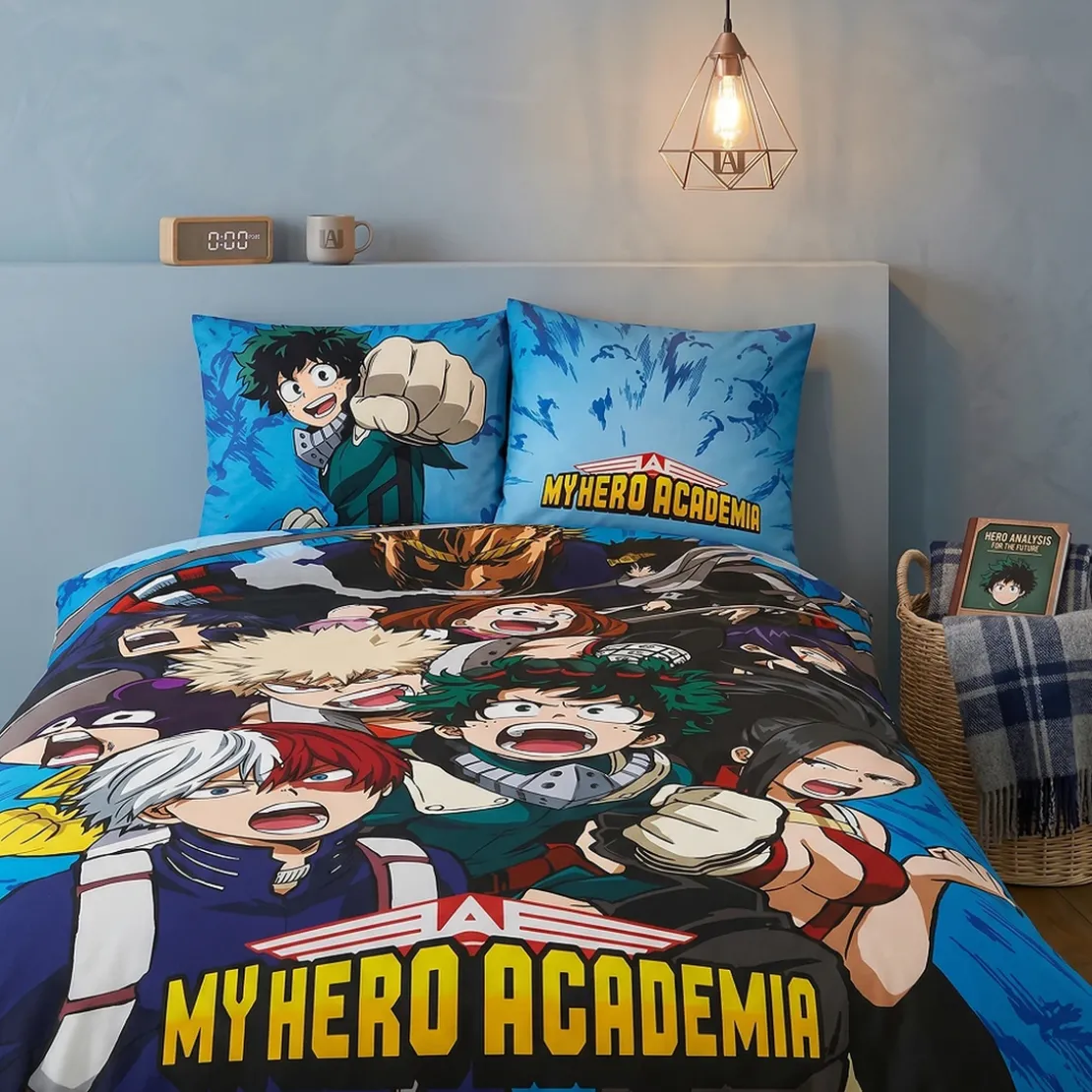 AymaxParure housse de couette mixte MY HERO ACADEMIA bleu réversible en coton 140x200 cm + 1 taie