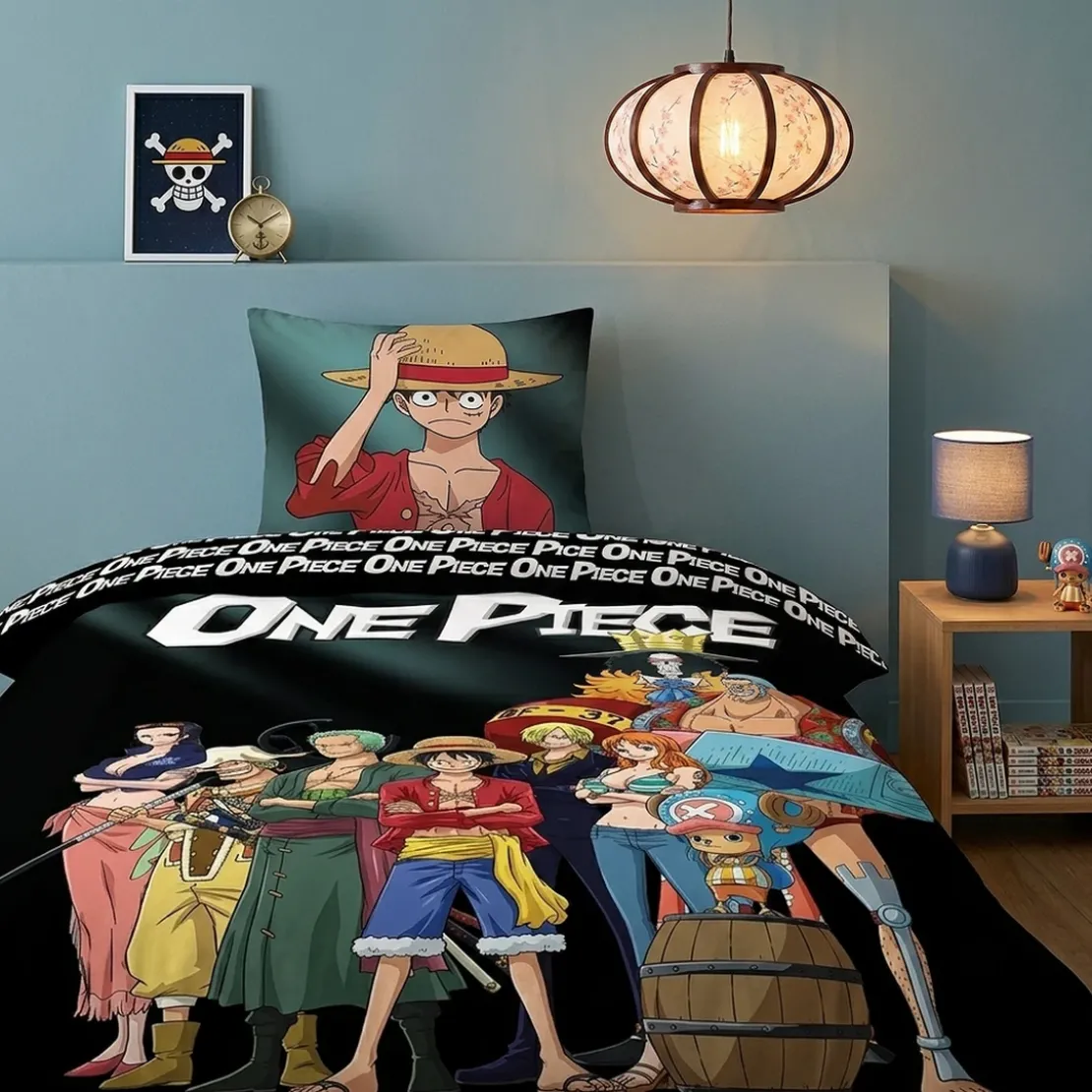 AymaxParure housse de couette garçon réversible noir à motif placé ONE PIECE en polycoton 140x200 cm + 1 taie