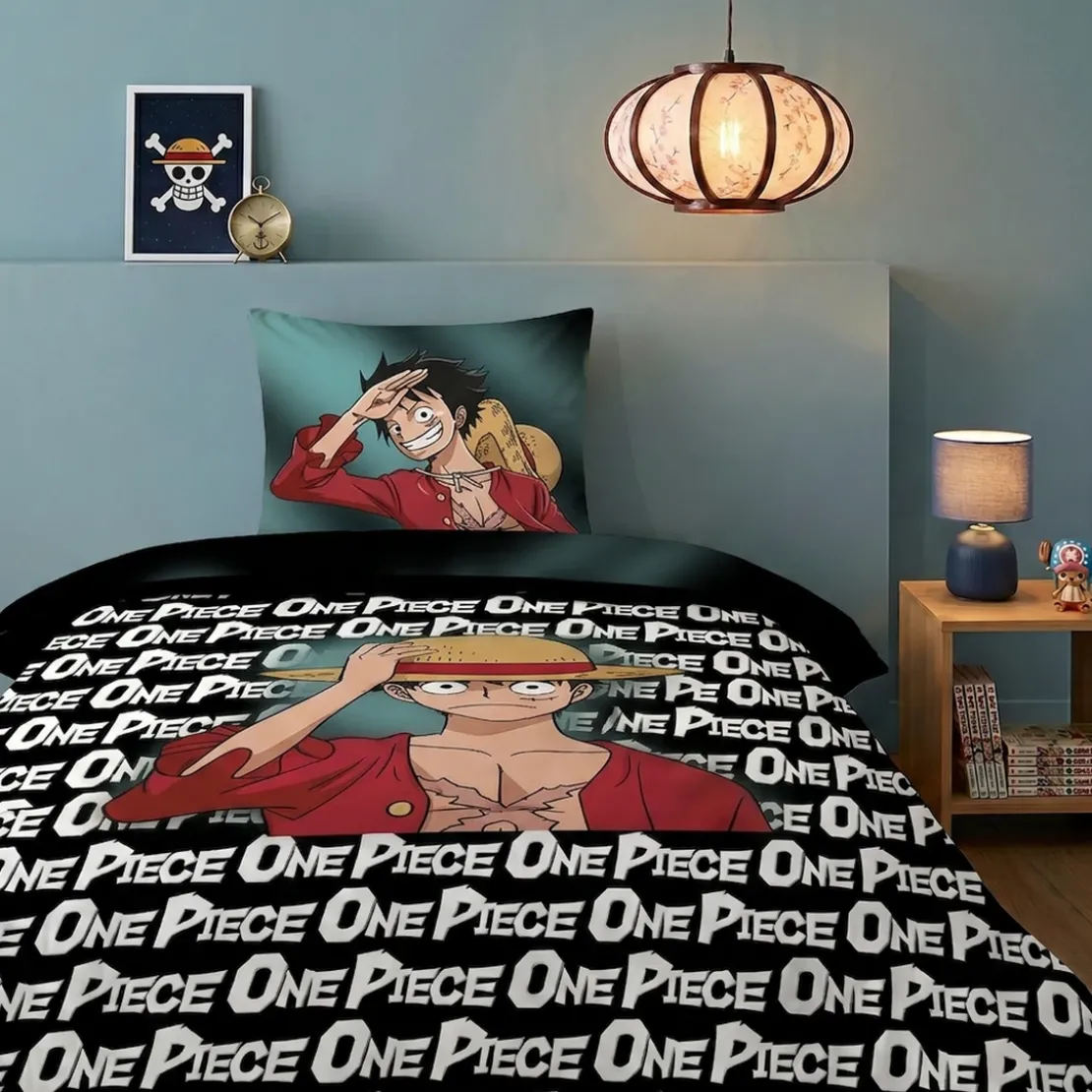 AymaxParure housse de couette garçon réversible noir à motif placé ONE PIECE en polycoton 140x200 cm + 1 taie