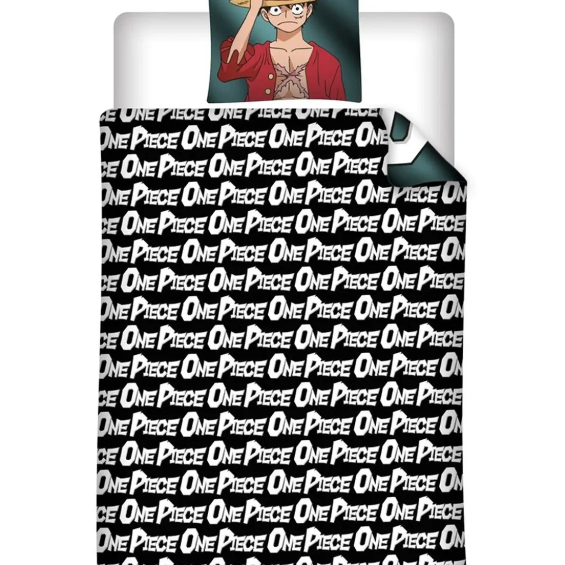 AymaxParure housse de couette garçon réversible noir à motif placé ONE PIECE en polycoton 140x200 cm + 1 taie