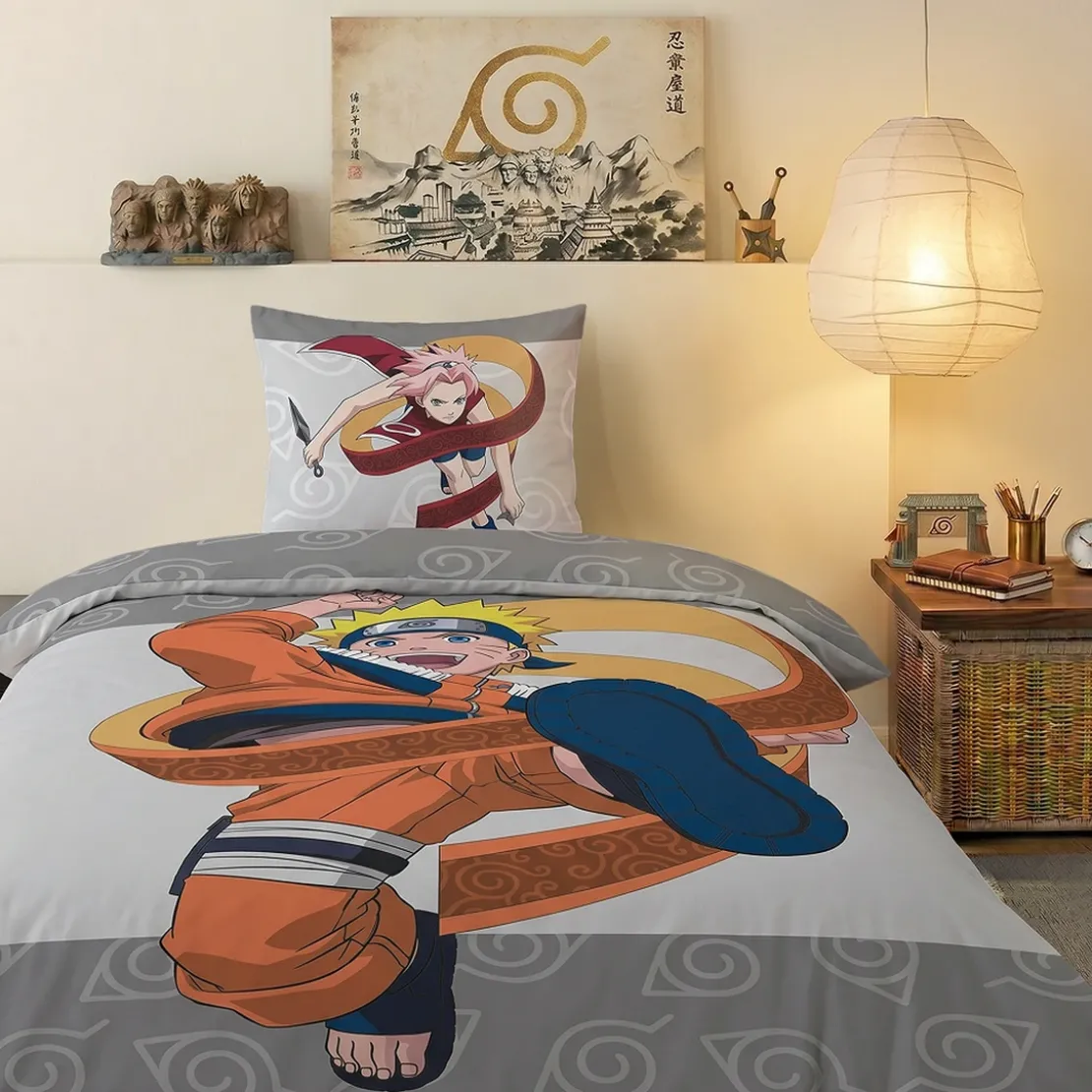 AymaxParure housse de couette garçon NARUTO gris réversible en coton 140x200 cm + 1 taie