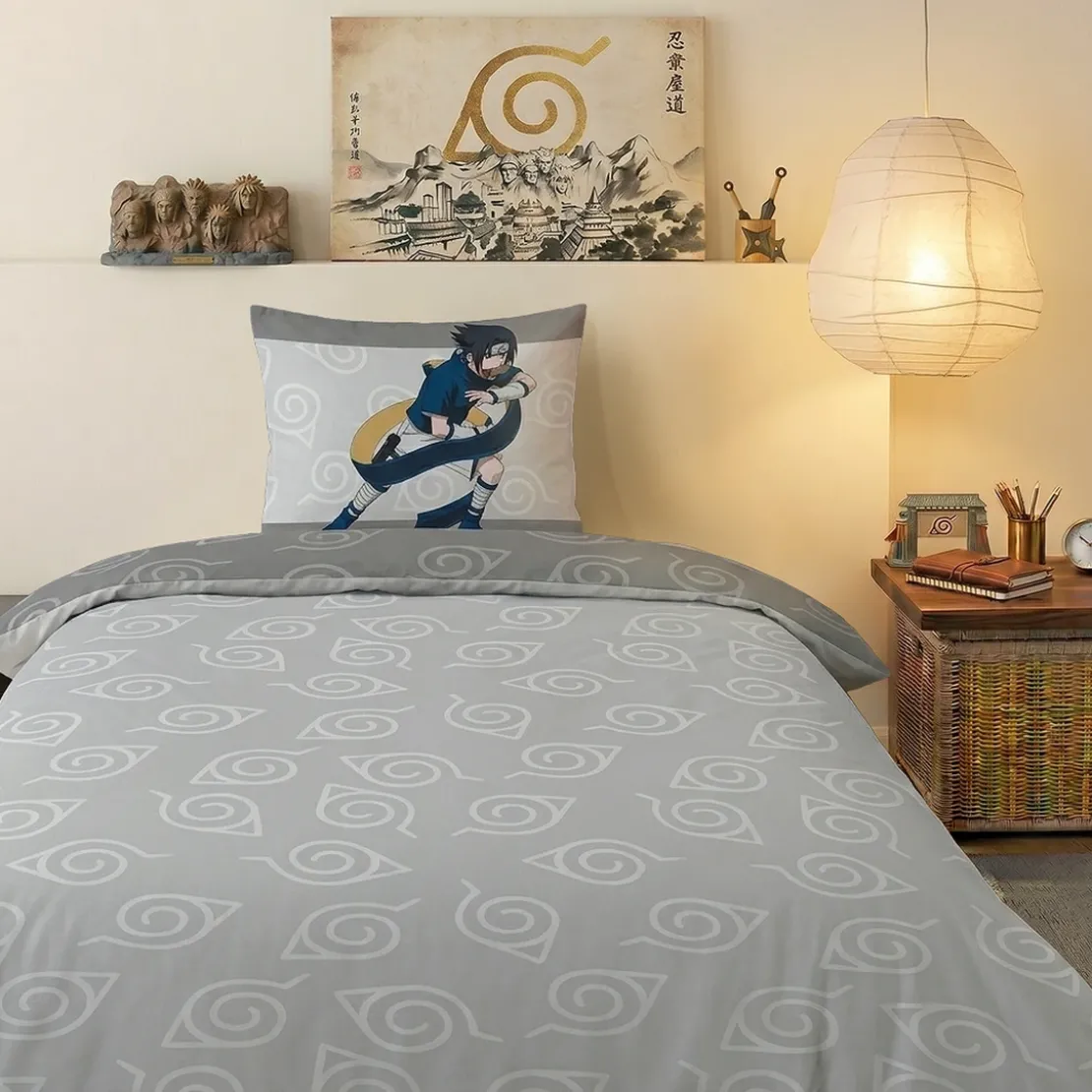AymaxParure housse de couette garçon NARUTO gris réversible en coton 140x200 cm + 1 taie