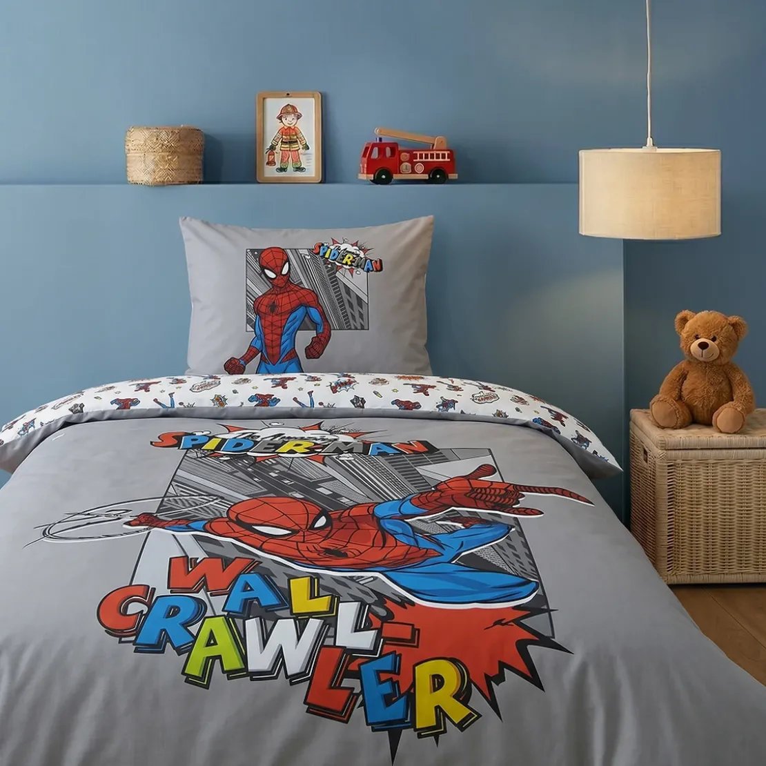 AymaxParure housse de couette garçon SPIDERMAN gris réversible en coton 140x200 cm + 1 taie