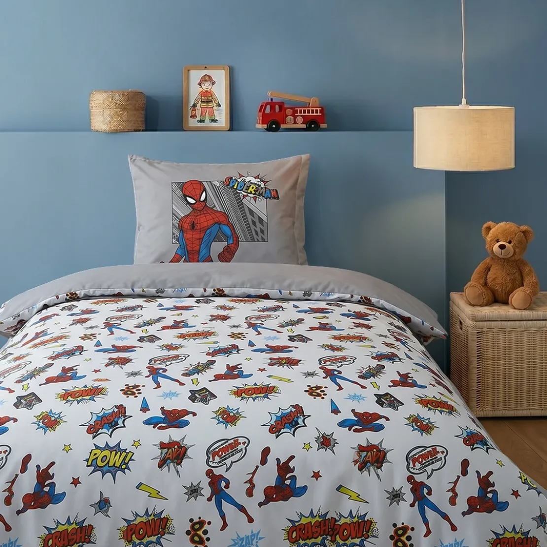 AymaxParure housse de couette garçon SPIDERMAN gris réversible en coton 140x200 cm + 1 taie