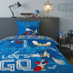 AymaxParure housse de couette garçon réversible bleu électrique à motif placé SONIC en polycoton 140x200 cm + 1 taie