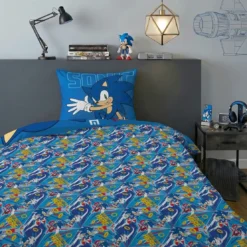 AymaxParure housse de couette garçon réversible bleu électrique à motif placé SONIC en polycoton 140x200 cm + 1 taie