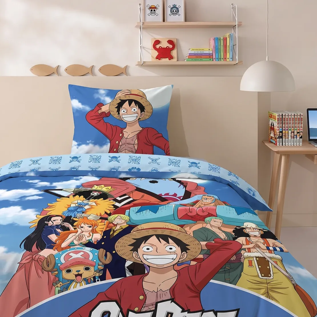 AymaxParure housse de couette garçon ONE PIECE bleu réversible en polycoton 140x200 cm + taie