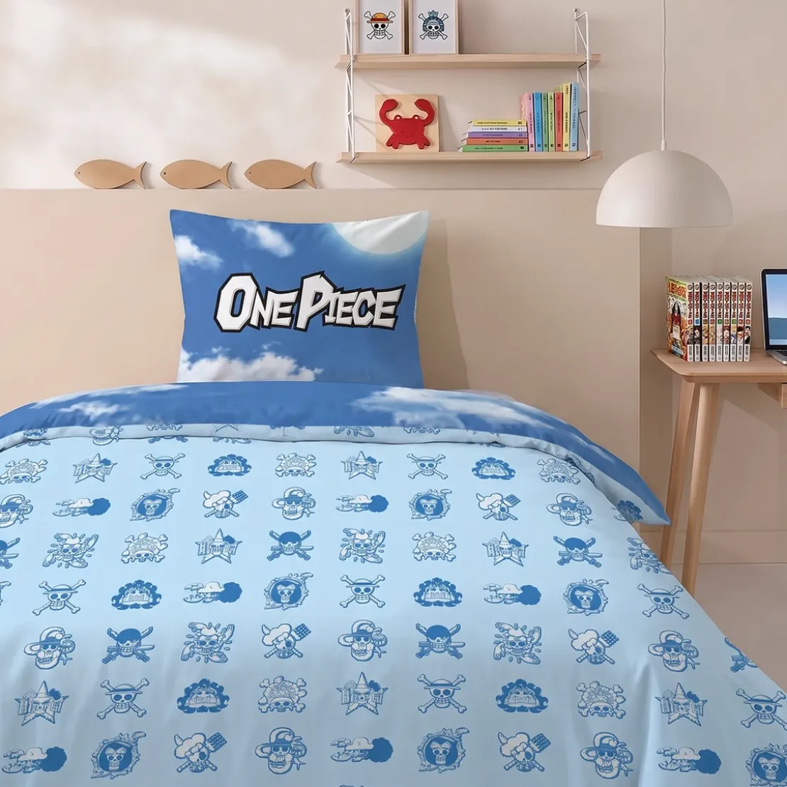 AymaxParure housse de couette garçon ONE PIECE bleu réversible en polycoton 140x200 cm + taie