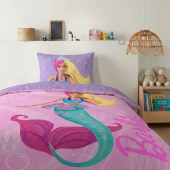 AymaxParure housse de couette fille BARBIE rose réversible en coton 140x200 cm + 1 taie