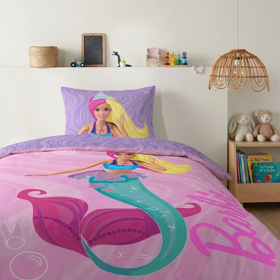 AymaxParure housse de couette fille BARBIE rose réversible en coton 140x200 cm + 1 taie