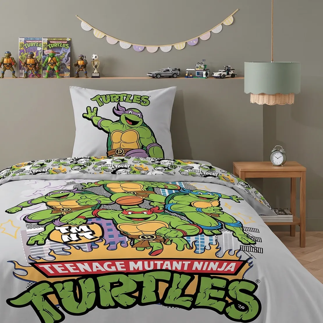 AymaxParure housse de couette enfant polycoton réversible TORTUES NINJAgris clair 140 x 200 cm + taie