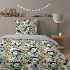 AymaxParure housse de couette enfant polycoton réversible TORTUES NINJAgris clair 140 x 200 cm + taie