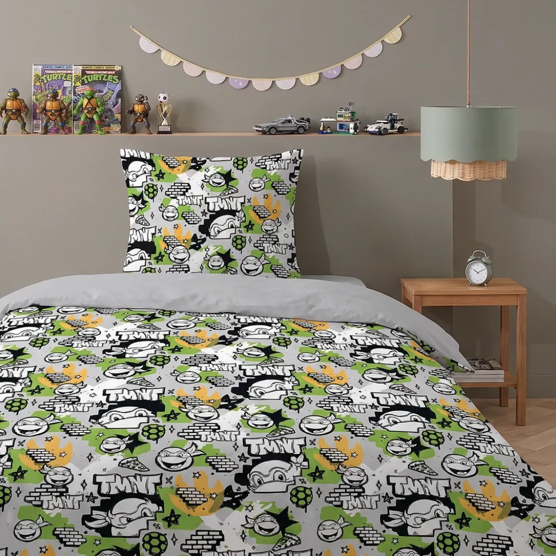 AymaxParure housse de couette enfant polycoton réversible TORTUES NINJAgris clair 140 x 200 cm + taie