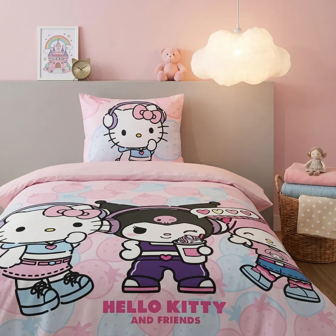 AymaxParure housse de couette fille HELLO KITTY KUROMI rose réversible en polycoton 140x200 cm + 1 taie