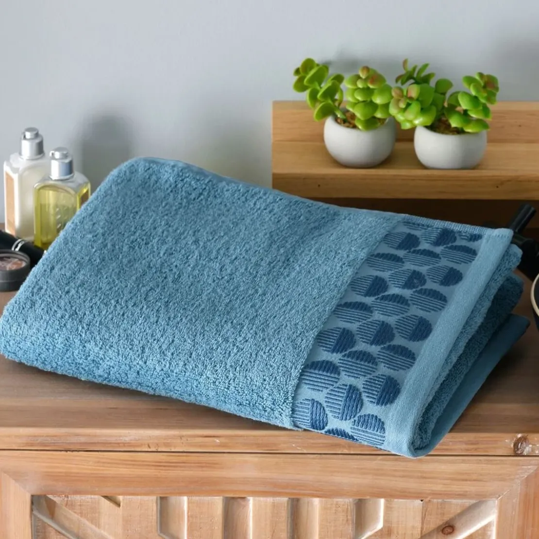 BecquetDrap de bain en coton bleu avec liteau cercle - EP. SERVOPTIQUE