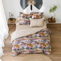 BecquetDrap housse coton beige rosé motif graphique ton sur ton - Collection JARDIN D'ASIE