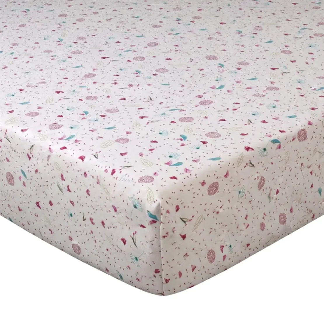 BecquetDrap housse coton blanc cassé imprimé floral rose vert - ROSE MENTHOL