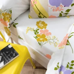 BecquetDrap housse coton blanc motif floral multicolore - Collection HELLO YELLOW