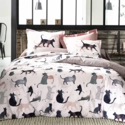 BecquetDrap housse coton rose poudré à micro-motifs prune et taupe - CHATS