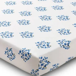BecquetDrap-housse en coton blanc cassé motif floral bleu - TANIA